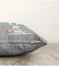 Resim RealHomes Çift Taraflı Gri Zeminde Atkılı Tavşan Motifli Bebek Odası Raşel Örme Yastık Kırlent Kılıfı, Sonil-K4425-43x43cm 