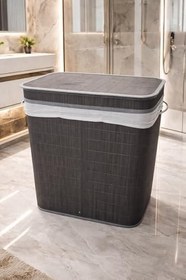 Resim Lüks Bambu 3 Bölmeli Çamaşır Kirli Sepeti 52X32X60CM Büyük Boy 100 Lt (Antrasit) 
