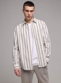 Resim Regular Fit Shirt Neck Çizgili Erkek Ekru Uzun Kol Gömlek Colin's