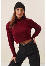 Resim Yarım Balıkçı Yaka Saç Örgülü Kısa Crop Bordo Kazak Bordo 