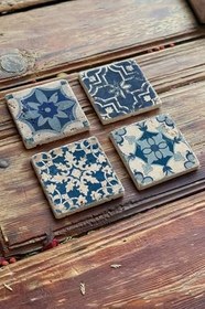 Resim Oscar Stone Decor Baskılı Doğaltaş Bardak Altlığı 4'Lü Set Desen Tile 4Dsn-132 