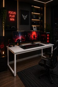 Resim Flinder Beyaz Oyuncu Masası 60x160, Çalışma Masası, Bilgisayar Masası, Gamer Masa, Metal Ayaklı 