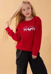 Resim Kız Çocuk Bisiklet Yaka Fiyonk Nakışlı Sweatshirt - Yavruağzı / 11-12 Yaş 