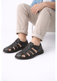 Resim Muya Kristal Kr.100 Anatomik Taban Önü Kapalı Hakiki Deri Erkek Sandalet - Siyah - 4 