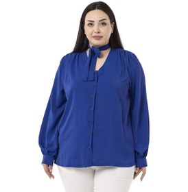 Resim Büyük Beden Boyundan Bağlama Detaylı Manşetli Saks Mavi Gömlek-saks Saks Mavi 