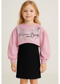 Resim Kız Çocuk İkili Takım Elbise Siyah Elbise Ve Pembe Sweatshirt, Şık Günlük Kombin, Kız Çocuk Elbise Pembe 