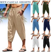 Resim Siyah Erkek Pamuk Keten Şort 3/4 Gevşek Fit Bermuda Pantolon Kısa Yaz Uzun Rahat Siyah 