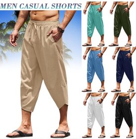 Resim Siyah Erkek Pamuk Keten Şort 3/4 Gevşek Fit Bermuda Pantolon Kısa Yaz Uzun Rahat Siyah 