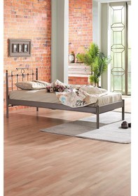 Resim Hatkus-s Tek Kişilik Ferforje Metal Karyola-kahverengi Ahşap Latalı 