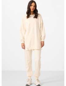 Resim Ekru O Yaka Basic Oversize Kadın Eşofman Tunik Takım - 95347 Ekru 