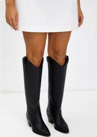 Resim POTEEN Western Düz Kowboy Uzun Konç Kadın Çizme Tam Kalıp -Siyah 