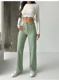 Resim Kadın Yüksek Bel Keten Boyfriend Bol Paça Yeşil 
