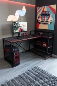 Resim Flinder Siyah Raflı Çift Yöne Uygun Oyuncu Masası, Bilgisayar Masası, Gamer Masası, Gaming Masa, L Masa 