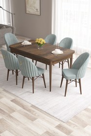 Resim Canisa Roz Serisi 80x132 Mdf Açılabilir Barok Ahşap Desen Mutfak Masası Takımı 6 Su Yeşili Sandalye 