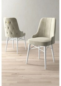 Resim Mitra Serisi, 4 Adet Krem Mutfak Sandalyesi, Beyaz Gürgen Ayak, 1. Sınıf Babyface Kumaş 