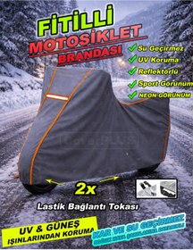 Resim CoverPlus TURUNCU FİTİLLİ GRİ Tüm Modellere Uyumlu Motosiklet Brandası Motor Brandası,Yağmur Su Geçirmez 