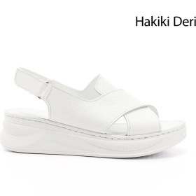 Resim Gönderi(r) Kadın Beyaz Cırt Bantlı Dolgu Topuk Hakiki Deri Comfort Sandalet 