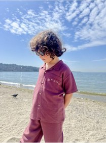 Resim Cebi Nakışlı Gömlek Pantolon Keten Erkek Çocuk Takım Mürdüm Mürdüm 