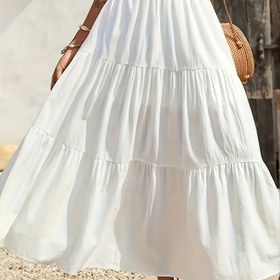 Resim Kadınlar için şık beyaz midi etek - Yivli kenar, katmanlı tasarım, zayıflatan etkisi, yaz moda için mükemmel, rahat yaz giyimi|Katmanlı görünüm|Akışkan silüet, elbise için etek 