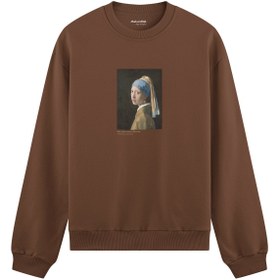 Resim İnci Küpeli Kız Oversize Sweatshirt - Kahverengi / S 