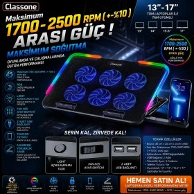 Resim Classone Gaming M60 Laptop Soğutucu , Notebook Stand,10 Rgb Işık Kontrolü, 15.6 -17 Inch , Hız Kontrolü , 6 Büyük Fan ,telefon Standı, 2 USB 
