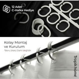 Resim Tropik Home Banyo Perdesi Gül Desen Yerli Üretim Duş Perdesi Plastik C-Halka Hediye 180x200cm Banyo Perdeleri 