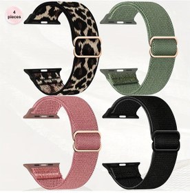 Resim Gaojunshop01 iOS Watch Uyumlu 4lü Nylon Spor Bant Seti Ayarlanabilir Siyah Pembe Yeşil Bej 