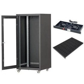 Resim Setrack 16U 600X800 CAMLI TEKERLEKLİ RACK KABİNET+SABİT RAF+2Lİ FAN MODÜLÜ 