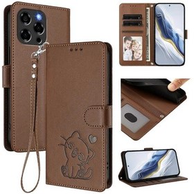 Resim Kabartmalı Kalp Kedi Deri Telefon Kılıfı Ve Bilek Kayışı Kahverengi 
