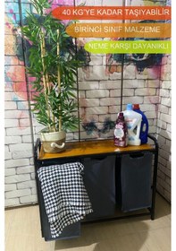 Resim Cımens Çamaşır Sepeti Kirli Sepeti Ahşap Büyük Boy 3 Bölmeli Gri - Siyah 