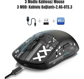 Resim HXSJ T90 Kablosuz 3 Modlu MOUSE-650 Mah BATARYA-4800 Fps-Özel Baskılı Tasarım-Rgb 