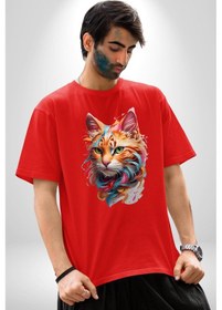 Resim Hayvan Kedi Sanat Potre Pamuklu Bisiklet Yaka Unisex Oversize Boyfriend Dijital Baskılı Kırmızı T-shirt Kırmızı 