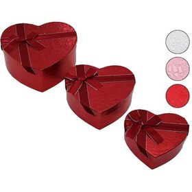 Resim 3pcs Kalp Parlak Renkli - Kabartma Desen Karton Hediye Kutusu Kurdelalı 15-18-21cm 4741 