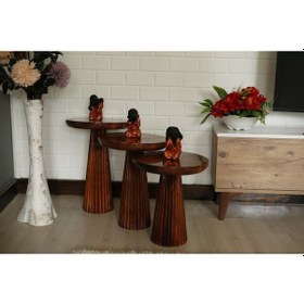 Resim Ahşap 3 Lü Set Kestane Renk Parlak Vernikli Fitilli Mantar Yan Sehpa Modern Ceviz 