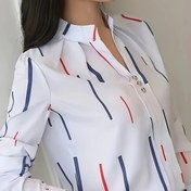 Resim Kadınların Zarif Geometrik Baskılı Uzun Kollu Gömlek - Beyaz, Mavi, Kırmızı ve Siyah Dikey Çizgilerle, Küçük Duran Yaka, İncelikli Düğmeler, Bahar ve Yaz İşe Giderken ve Günlük Gezilerde Mükemmel, Rahat ve Resmi Giyim, Rahat Yaz Üstü|Zarif Gömlek Tasarımı|İncelikli Düğme Detayları 