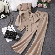 Resim 2 adet Kız Moda Kıyafet Seti, Düğmeli Ön Üst ve Yay Pantolonlu - Şık Bej ve Beyaz Yama Tasarımı, Kemerli Bel, Bahar/Yaz/Sonbahar için Mükemmel, Olgun Tarz, Orta Esneklikli Kumaş, Dış Mekan için 