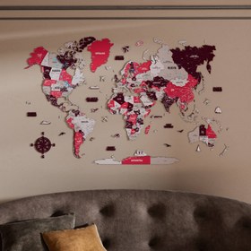 Resim Renkli Baskılı 3D Ahşap Dünya Haritası (Crimson) - 300x187 cm / Türkçe 