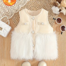 Resim Kız bebek kıyafeti, kız bebek malzemeleri, kız bebek giyimi, kız bebek sonbahar ve kışlık tek renk çok amaçlı, okul için uygun sevimli peluş kolsuz yuvarlak yaka inci düğmeli yelek, okula başlama sezonu hediyesi 