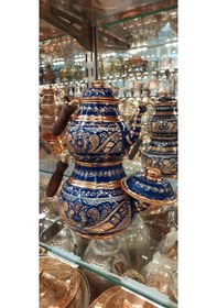 Resim Bakır Çaydanlık El Işlemesi Çiçek Desenli Mavi Renk İşlemeli Mavi 