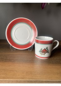 Resim Konyax Noel Geyikli Ev Yeni Yıl 4 Parça 2 Kişilik Porselen Türk Kahvesi Fincan Takımı Çok Renkli 