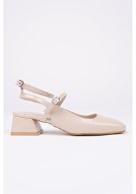 Resim Muggo Chopra Kare Burun Çift Kemerli Bilekten Bağlamalı Arkası Açık Kısa Topuklu Ayakkabı Ten Rugan 