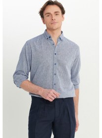 Resim AC&Co / Altınyıldız Classics Erkek Lacı Pamuklu Keten Comfort Fit Rahat Kesim Düğmeli Yaka Armürlü Gömlek Lacı 