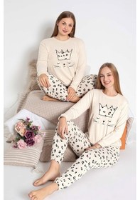Resim Guava Kadın Bisiklet Yaka Düğmesiz Kışlık Termal Bilek Manşetli Jogger Uzun Kol Cepli Pijama Takımı Bej 