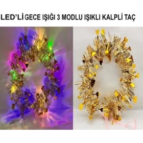 Resim Kalp Püsküllü 3 Modlu LED Işıklı Taç Altın Renk 