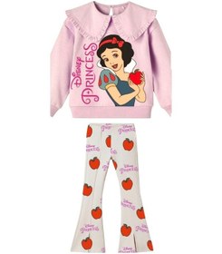 Resim Yeni Sezon Bebe Yakalı Öpücük Kapama Prenses Baskılı Yırtmaçlı Tayt Sweatshirt Takım Pembe - Beyaz 