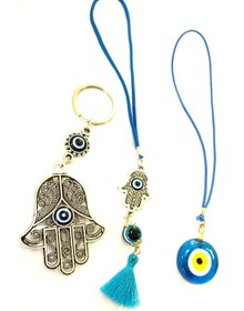 Resim cuaderno Nazar Boncuğu Cam El Yapımı Araba Dikiz Ayna Süsü+ Fatıma Eli/hamse Anahtarlık/araba Süsü Üçlü Set 