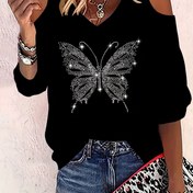 Resim Kadınların Şık V-Yaka Tişörtü, Taşlı Kelebek Detaylı, Polyester Örgü Kumaş, Düzenli Uzunluk, Tüm Mevsimler İçin Moda Üst 
