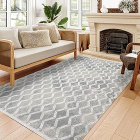 Resim Gri Geometrik Modern Geometrik Etnik Eskitme Desenli Boho Makinada Yıkanabilir Hafif Hav Toz Vermez Leke Tutmaz Kaymaz Taban Dijital Makine Baskı Halı Oturma Odası Salon Yolluk Koridor Mutfak Halısı 