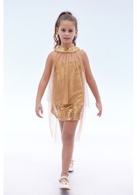 Resim Ahengim Kız Çocuk Pullu Pelerinli Trend Abiye Elbise Ak2244 Gold Altın 