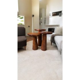 Resim Wood Wooden Ahşap 3lü Set Fitilli Mantar Yan Sehpa Modern Fındık Renk Fiskos 